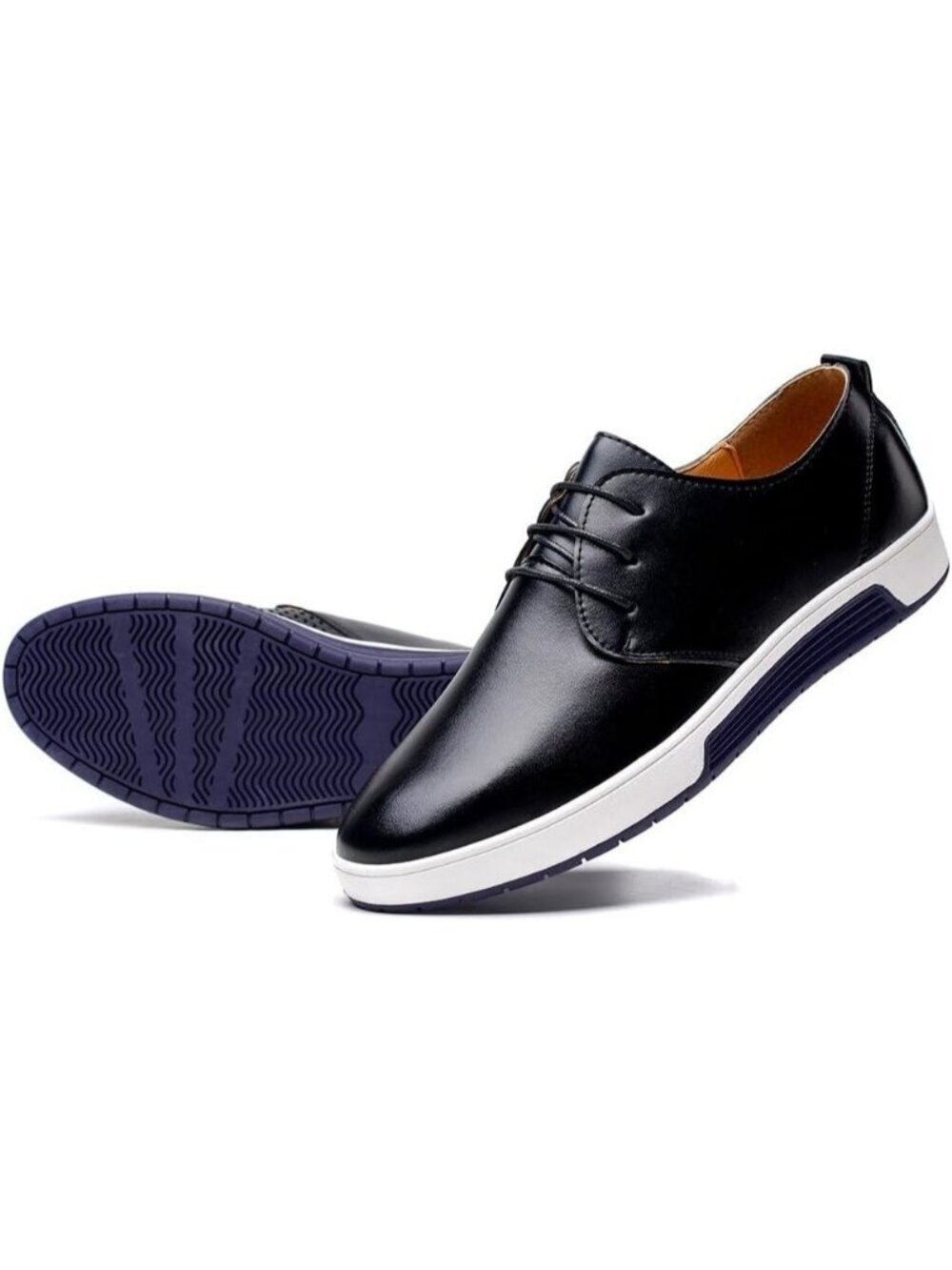 konhill Men's Pt Black PU Leather Lightweight Breathable Lace Up Flat Sneakers